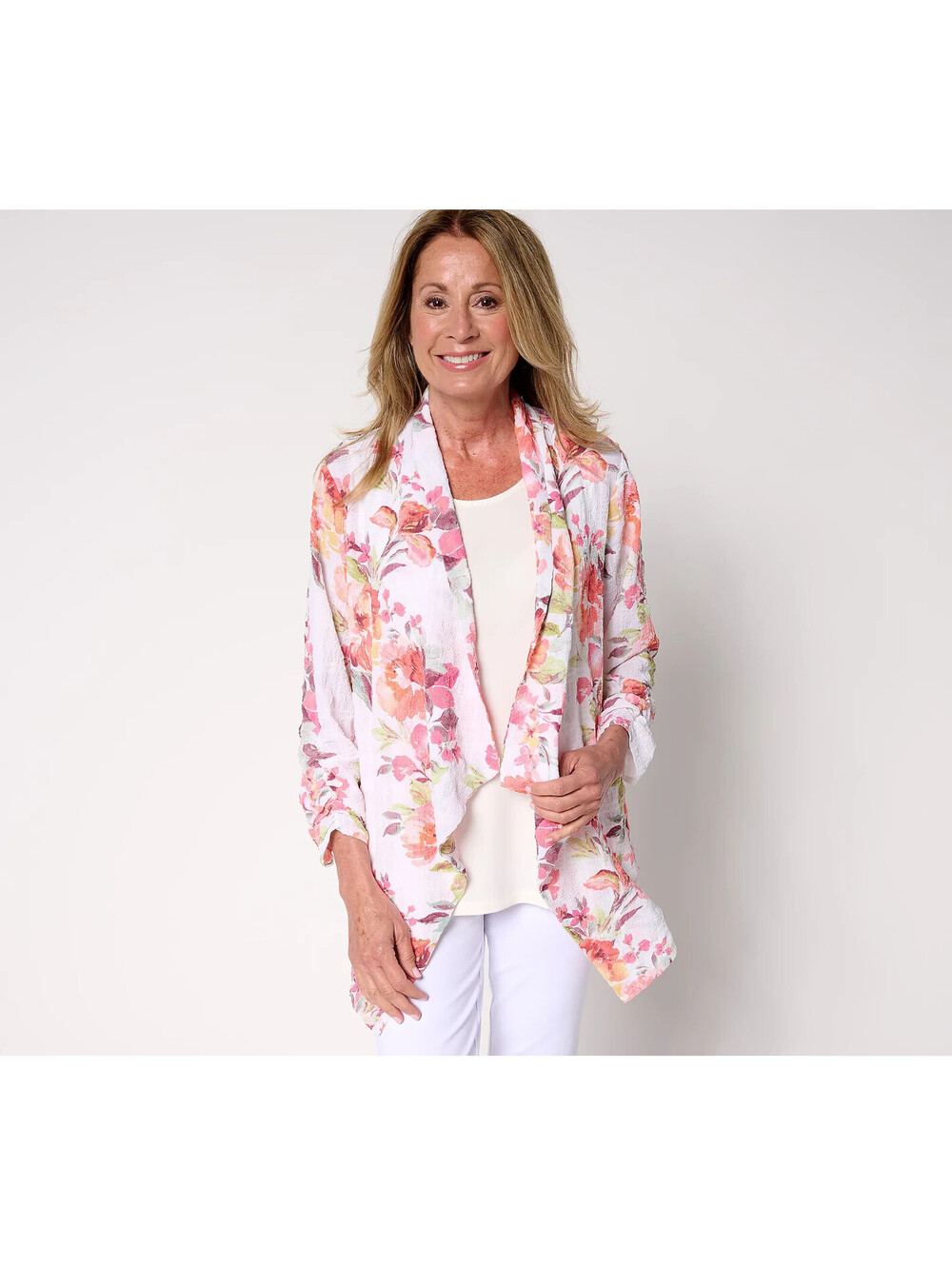 Susan Graver Regular Textured Woven Relaxed Fit Cardigan Floral, Size 3X Plus
